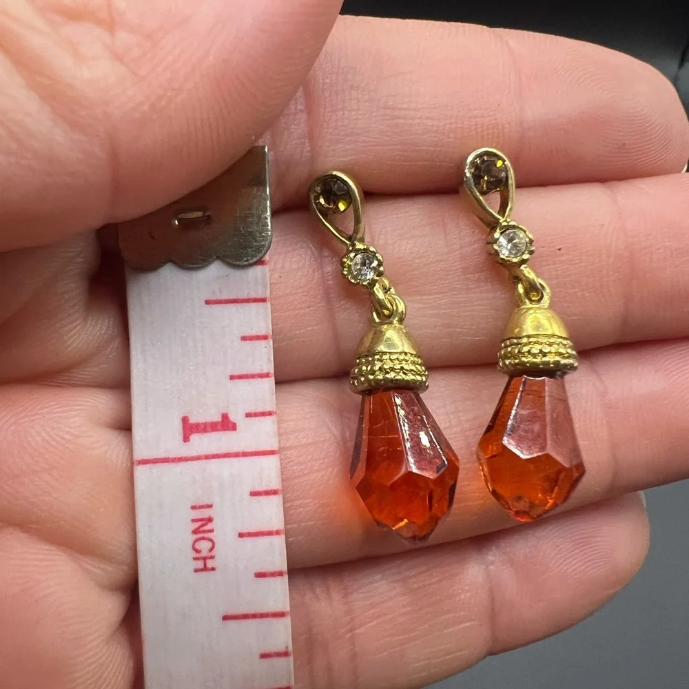 Vintage Gold Tone and Orange Drop Earrings - Picture 2 of 2